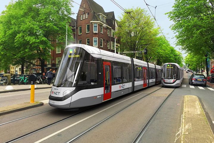 Een artist impression van de 15g tram, in R-net kleuren vanwege de inzet op de Amsteltram