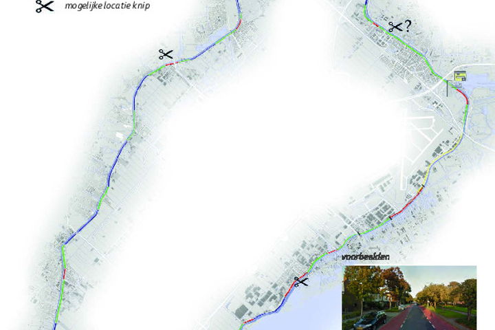 Een overzicht van de plannen op de ringdijk. Het plaatje is hier en daar aan verandering onderhevig: zo komt er vooralsnog geen fietsstraat in Lijnden en wordt in Nieuwebrug/Vijfhuizen de mogelijkheid tot een knip onderzocht.