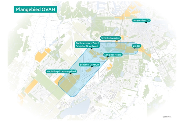 Overzichtskaart van het plangebied van de ov-verbinding Amsterdam - Haarlemmermeer