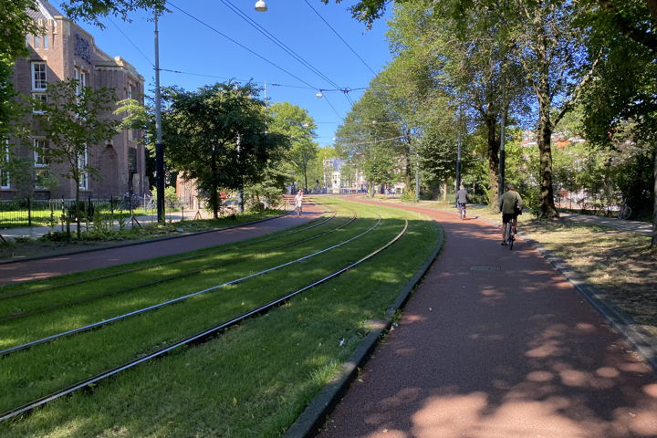 De tramrails in het gras bij de Hortus Botanicus in Amsterdam. Dit is een voorbeeld van natuur inclusief bouwen.