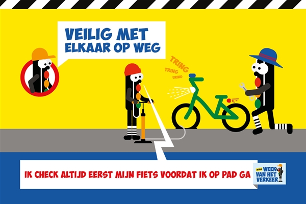 Tekening van iemand die checkt of alles op zijn fiets in orde is.