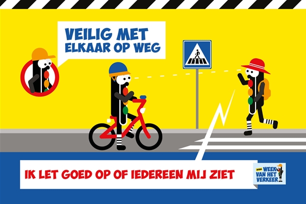 Tekening van fietser die stopt voor overstekende voetganger bij een zebrapad