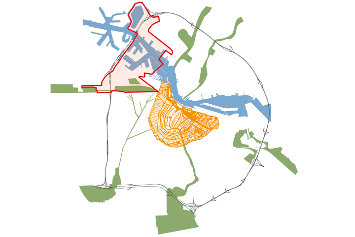 Rood omlijnd het toekomstige gebied van Haven-Stad.