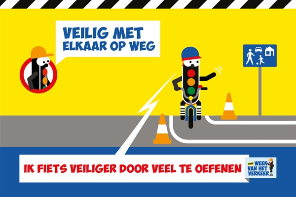 Tekening van een kind dat oefent met fietsen in het verkeer